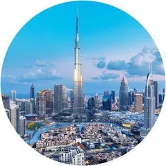 Downtown Dubai at dusk, seen from the air
